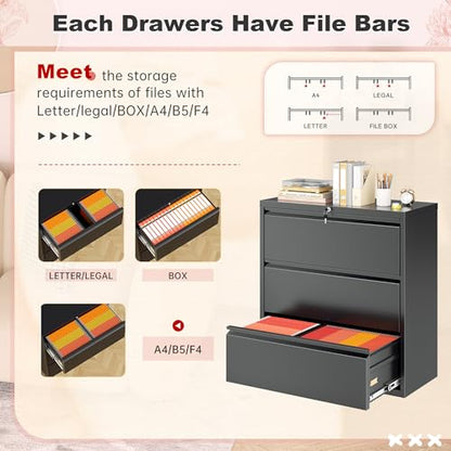 Superday Lateral File Cabinet 3 Drawer Metal File Cabinet with Lock, Black Filing Cabinets for Home Office, Locking Filing Cabinets Hanging Files Letter/Legal/F4/A4 - color: Black, style: 3 drawer-wide