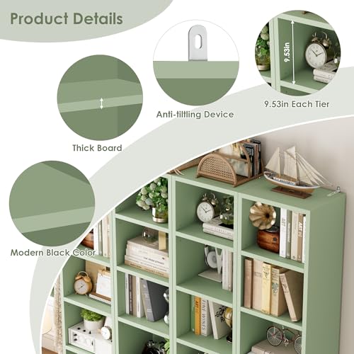 FOTOSOK Bookshelf Bookcase 8-Tier Narrow Bookshelf Tall CD Media Tower Rack | 11.6 X 9.3 X 70.9 Bookshelf, Tall Narrow Slim Skinny Display Bookcase with Cube Storage and 4 Adjustable Shelves, Green - color: Green