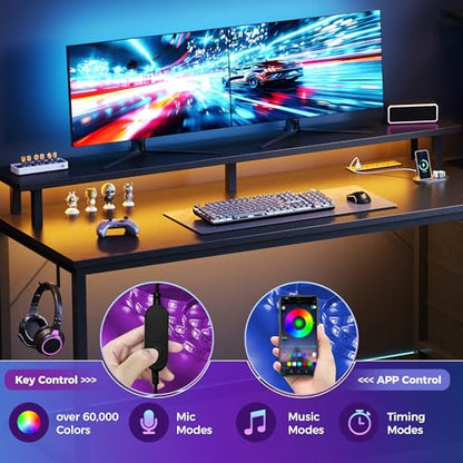 59" Reversible Gaming Desk with LED Lights Power Outlets, Black | Computer Desk with Drawers Can be Used to Store Odds and Handles, Elevated PC Stand To Help You Showcase Your DIY Cases. - color: Black, size: 60 In