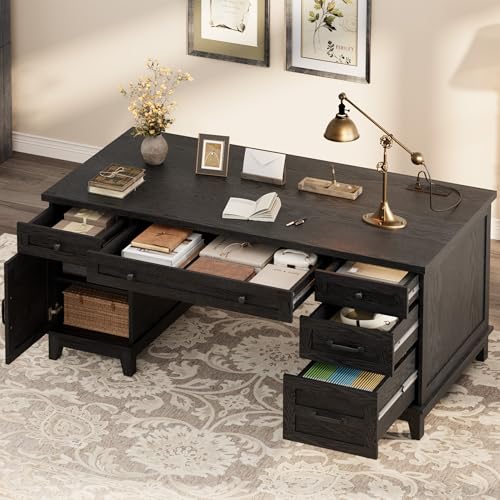 IDEALHOUSE Farmhouse Executive Desk 60 Inch, All-in-One Home Office Table with Built-in Charging Port, Rustic Wooden Computer Desk with File Drawers for Work, Rustic Black - color: Black