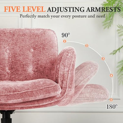 Criss Cross Chair with Wheels & Arms, Chenille Cross Legged Office Chair with 5-level Folding Armrest, Comfortable Adjustable Swivel Vanity Chair for Home, Make Up, Bed Room, Office, Accent (Pink) - color: Pink, style: Modern