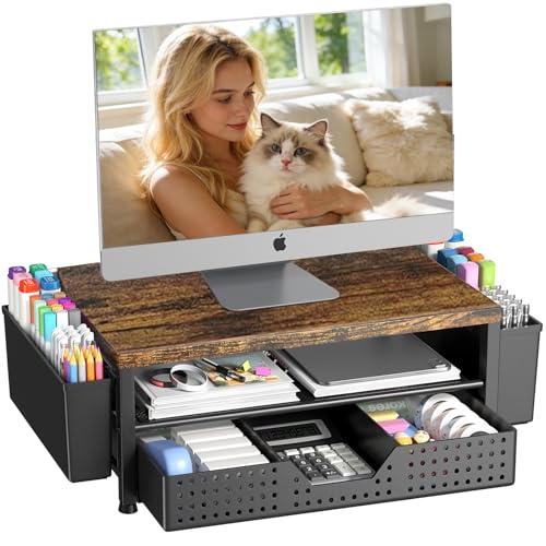 OPNICE Desk Organizers and Accessories, Computer Monitor Stand Riser with Drawer and 2 Pen Holders, Printer & Laptop Stand, Office Desk Accessories & Workspace Organizers for Home Office Supplies, Brown - color: Brown