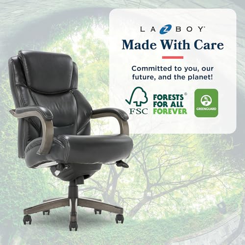 La-Z-Boy Delano Big and Tall Executive Office Chair - Ergonomic Lumbar Support Memory Foam - Bonded Leather Desk Chair for Home Office - Weathered Grey Wood Arms - Black - color: Black With Weathered Gray Wood
