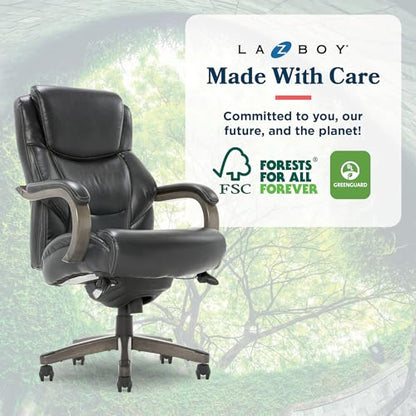La-Z-Boy Delano Big and Tall Executive Office Chair - Ergonomic Lumbar Support Memory Foam - Bonded Leather Desk Chair for Home Office - Weathered Grey Wood Arms - Black - color: Black With Weathered Gray Wood