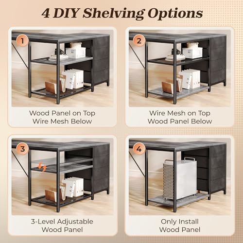PRAISUN 43.3" Small L Shaped Desk with Power Outlets & 4 Drawers - color: Grey, size: 43.3 Inch