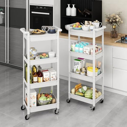 MIOCASA Utility Rolling Cart with Detachable Tray Top, 4-Tier Kitchen Storage Organization, Art Cart with Wheels for Office, Classroom, Livingroom, Kitchen, Bathroom (White, 4-Tier-Plastic) - size: 4-Tier, style: White