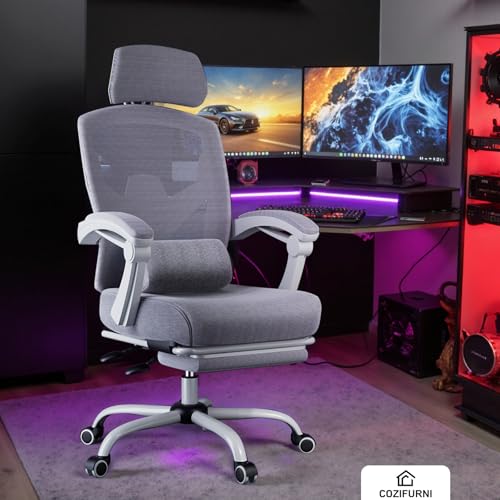 DUMOS Office Desk Chair with Footrest, Mesh Computer Gaming Chair | Ergonomic Lumbar Support, 360° Swivel, Rolling Wheels, Adjustable Headrest, Task Student, Elegant Grey - color: Elegant Grey, size: Standard