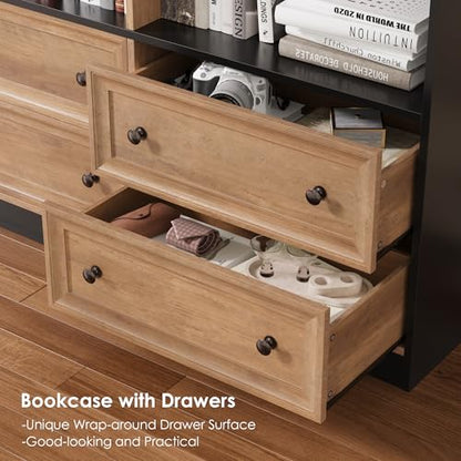 71" Tall Bookshelf with 4 Drawers Large Bookshelf Office Bookcase | 6-Tier Double Wide Bookshelves and Bookcases with Storage, Tall Bookshelf Standing Book Cabinet for Home Office, Brown/Black - color: Brown/Black