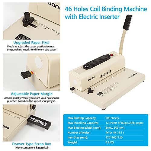 TIANSE Binding Machine - Electric Coil Inserter for Professional Binding, 12-Sheet Punch, for Letter/A4/A5 & Plastic/Metal Coils, with 100 Coil Spines & Pliers for Home, Office, School, DIY
