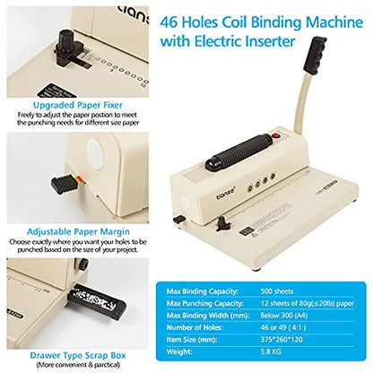 TIANSE Binding Machine - Electric Coil Inserter for Professional Binding, 12-Sheet Punch, for Letter/A4/A5 & Plastic/Metal Coils, with 100 Coil Spines & Pliers for Home, Office, School, DIY
