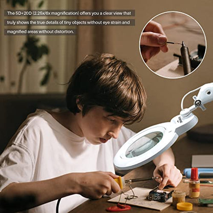 Bifocals Magnifying Desk Lamp with Clamp, 5 Diopter with 20 Diopter, 6 Inch Detachable Lens and 120PCS LEDs, 3 Color Modes 1200 Lumens Swivel Arm Magnifying Lamp with Light for Crafts (White) - color: White