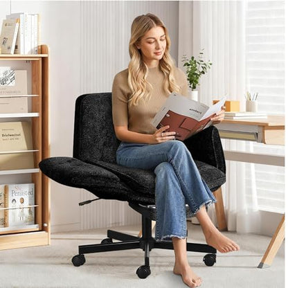 Criss Cross Chair with Footrest & 5 Level Folding Arms Full Relaxation, Wide Cross Legged Office Chair for Home Office, Comfy Swivel Desk Chair with Ottoman, Chenille Vanity Chair (Black) - color: Black, style: With Footrest