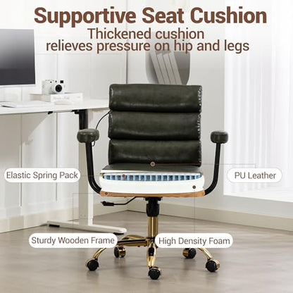 Leather Office Chair with Wheels,Ergonomic Swivel Rolling Task Chair,Padded Seat and Armrests,Adjustable Height Home Desk Chair,Executive Computer Chair, Gold Base Makeup Vanity Chair,Green - color: Green