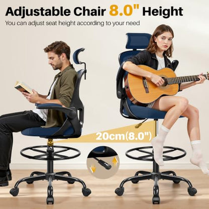 Drafting Chair, Tall Office Chair for Standing Desk, Ergonomic High Back with Headrest, Lumbar Support, Foot Ring and Flip-up Armrests, Navy Blue - color: Navy Blue