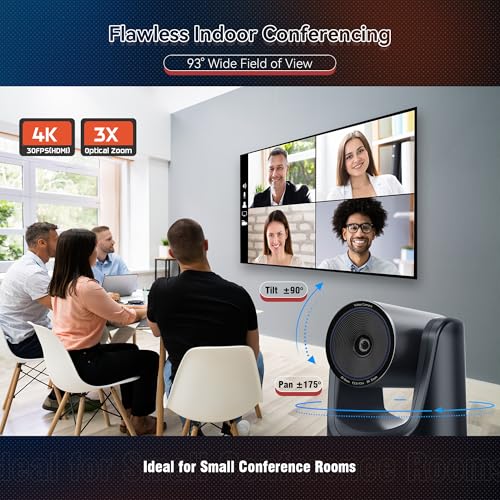 TONGVEO 4K Conference Room PTZ Camera AI Auto Tracking 3X Optical Zoom HDMI/USB3.0 Wide-Angle Video Conference Camera for Church Worship Live Streaming Meeting with Zoom YouTube OBS and More - color: Black