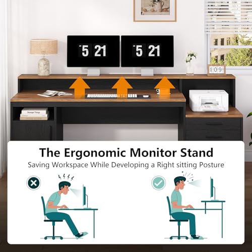 YOMILUVE Computer Desk with 3 Drawers & Storage Shelves, 65 Inch Home Office Desk with File Drawer & Cabinet, Writing Study Desks with Monitor Stand & Printer Shelf, Executive Desk, Brown and Black - color: Brown and Black
