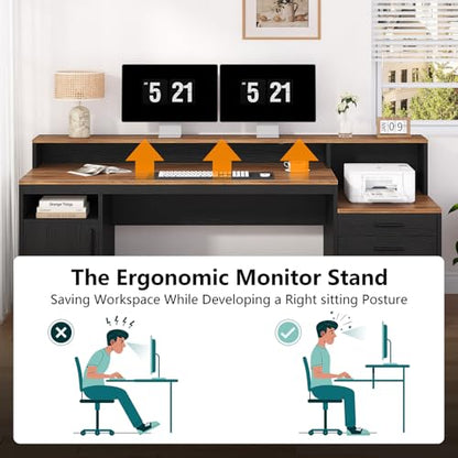 YOMILUVE Computer Desk with 3 Drawers & Storage Shelves, 65 Inch Home Office Desk with File Drawer & Cabinet, Writing Study Desks with Monitor Stand & Printer Shelf, Executive Desk, Brown and Black - color: Brown and Black