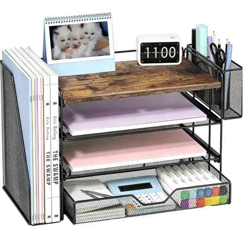 Desk Organizers and Accessories, 4-Tier Desktop File Organizer with Drawer and Pen Holders, Office Desk Accessories Workspace Organizers for Office Supplies (Brown) - color: Brown, size: 4T
