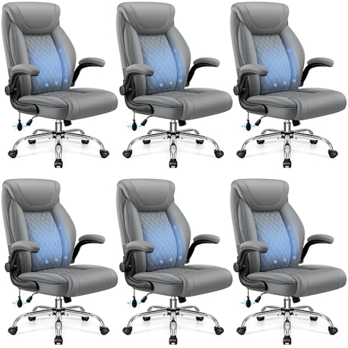 BestGlory Executive Office Chair with Lumbar Support, Big and Tall Ergonomic Computer Desk Chair, Leather Comfy High Back Gaming Chair with Flip Up Arms & Rocking Function for Home Office, Gray - color: Grey, size: 6 Pack