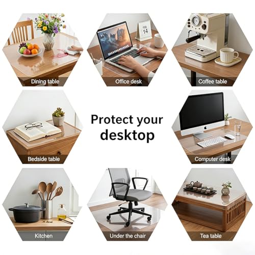 1.5mm Thick Clear Table Protector, Waterproof PVC Plastic Table Cover, Desk Mat for Nightstand，Durable Table Pad for Dining Room, Kitchen, Office, Writing Desk, and Coffee Tables
