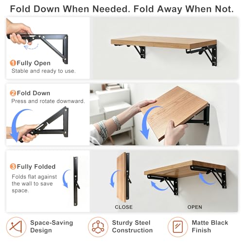 16 Inch Folding Shelf Brackets, Heavy Duty Metal Shelf Bracket Pair, Space Saving Fold Down Bracket for Wall Mounted Table, Garage, Kitchen, Laundry Room, Black, 2 Pack - size: 16 Inch