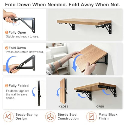 16 Inch Folding Shelf Brackets, Heavy Duty Metal Shelf Bracket Pair, Space Saving Fold Down Bracket for Wall Mounted Table, Garage, Kitchen, Laundry Room, Black, 2 Pack - size: 16 Inch
