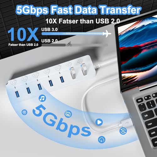 USB Hub 7 Port, USB Splitter with Individual On/Off Switches and Lights - color: White