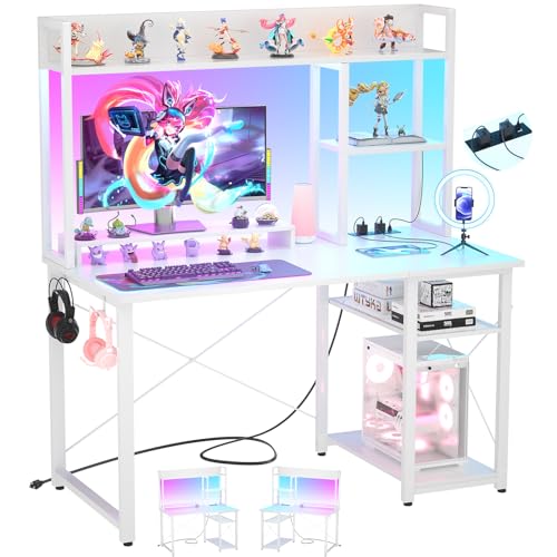 Cyclysio 39'' Gaming Desk with Hutch and Reversible Storage Shelves, White | Home Office Desk with LED Lights & Power Outlets, Computer Desk for Small Space - color: White, size: 39 inch