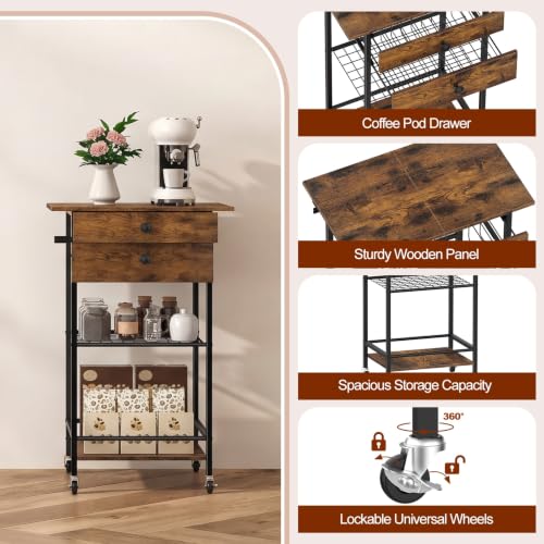 ETELI Coffee Cart Station with Lockable Wheels and Coffee Pod Storage | 5 Tier Coffee Bar Cart with 2 Drawers and Wire Mesh Storage for Kitchen Living Room Office Coffee Nook, Rustic Brown