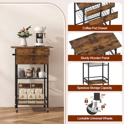 ETELI Coffee Cart Station with Lockable Wheels and Coffee Pod Storage | 5 Tier Coffee Bar Cart with 2 Drawers and Wire Mesh Storage for Kitchen Living Room Office Coffee Nook, Rustic Brown