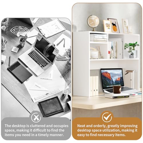 AQQHSAIN Desktop Bookshelf Wooden Desktop Hutch Storage Organizer Multipurpose Tabletop Display Rack with 4 Shelves for Computer Desk Hutch for College Dorm Office Home (White)
