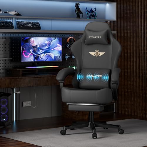 GTPLAYER Gaming Chair with Pocket Spring Cushion, Big and Tall Gamings Chairs 350LBS High Back Computer Chair with Footrest for Adults Lumbar Support Swivel Game Chair for Office,Leather Black-Massage - color: Black With Massage