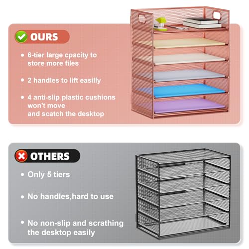 Marbrasse 6 Tier Paper Organizer Letter Tray - Mesh Desk File Organizer with Handle, Paper Sorter Organizer for Letter/A4 Office File Folder Holder - Rose Gold - color: Rose Gold