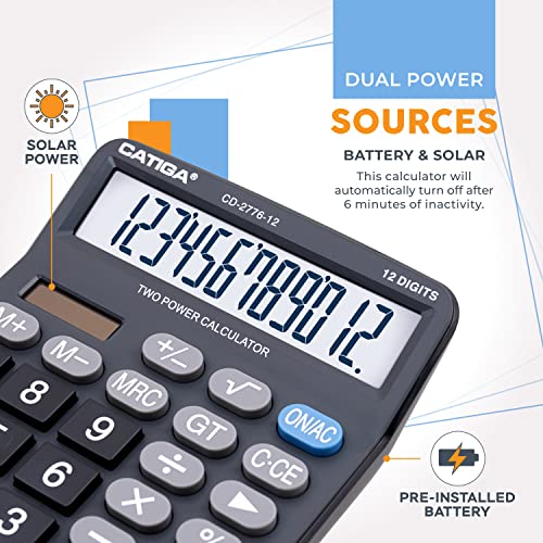 Premium Commercial 12-Digit Large Desktop Calculator with Huge 5-Inch LCD Display Screen, Giant Responsive Buttons, Battery and Solar Powered, Perfect for Home/Office Accounting Finance Use, CD-2776 - color: Black (Commercial)