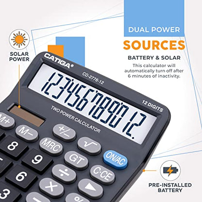 Premium Commercial 12-Digit Large Desktop Calculator with Huge 5-Inch LCD Display Screen, Giant Responsive Buttons, Battery and Solar Powered, Perfect for Home/Office Accounting Finance Use, CD-2776 - color: Black (Commercial)
