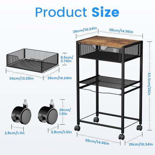 Cawukege 3 Tier Printer Stand, Small Mobile Table with Wheels, Printer Shelf Rolling Cart with Storage Desk Organizer Hanging File for Office Home, Brown - color: Brown