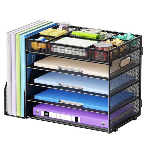 Marbrasse 5-Tier Desk Organizer with File Holder,Paper Letter Tray, Black | Desktop File Organizer with Adjustable Compartments,Mesh Desk Organizers and Accessories for Office Supplies - color: File Organizer With File Holder-b