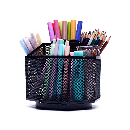 Exerz Desk Organizer 360 Rotating Pen Holder 5 Compartments Caddy Black | Smooth Spinning Base with Open Mesh Sections Easy Access to Pens Brushes Scissors Daily Desk Tools - color: Black
