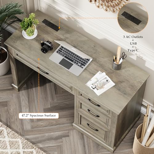 Vabches Farmhouse 47" Workstation Computer Desk with Drawers, Dark Grey | Executive Desk with File Drawer and Charging Station for Home Office,Study. - color: Dark Grey