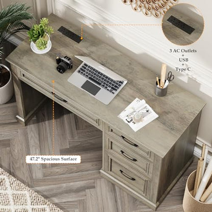 Vabches Farmhouse 47" Workstation Computer Desk with Drawers, Dark Grey | Executive Desk with File Drawer and Charging Station for Home Office,Study. - color: Dark Grey