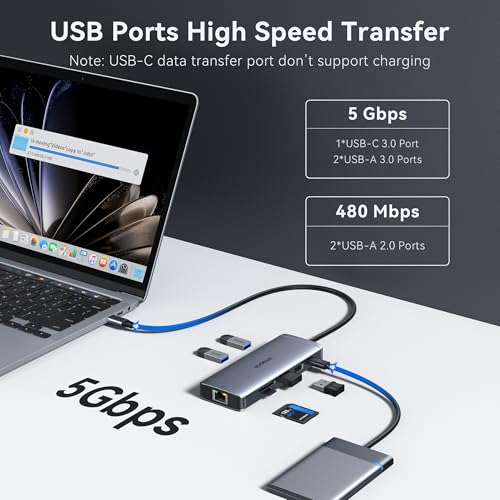 USB C Hub Ethernet USB-C Adapters for MacBook Pro/Air with HDMI 4K@60Hz | Mac Dongle with USB Port, 10 IN 1 USBC to HDMI Adapter 4K, USB C to Ethernet, 100W PD, USB-C to SD/TF Card Reader Dongle Hub