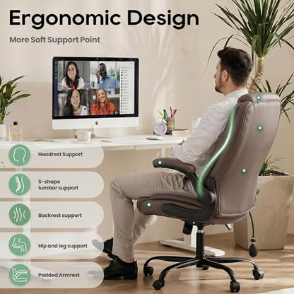 MALOL Leather Office Chair, Home Desk Chair with Flip-up Arms, Brown - color: Brown-new, size: Set of 1