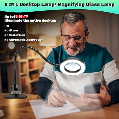 10X Magnifying Glass with Light and Stand,Hands Free Clip on Magnifier Lamp - color: Black