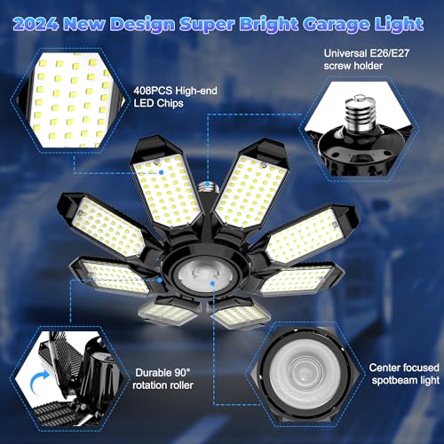 Garage Lights - Super Bright 25000LM Garage Lights Ceiling Led w/ 8 Deformable Panels 6500K Led Light Bulb Srew in E26/E27 Socket with Adjustable Center Spotlight for Barn Workshop Attic - size: 250W - 1Pack