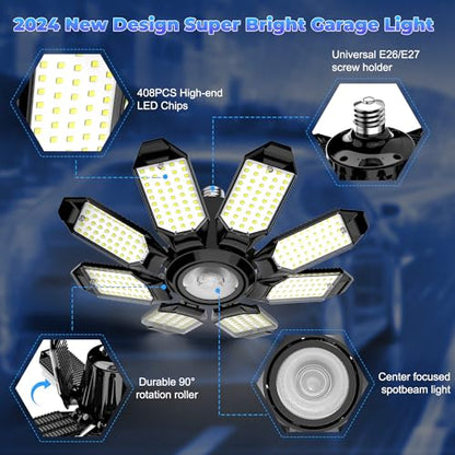 Garage Lights - Super Bright 25000LM Garage Lights Ceiling Led w/ 8 Deformable Panels 6500K Led Light Bulb Srew in E26/E27 Socket with Adjustable Center Spotlight for Barn Workshop Attic - size: 250W - 1Pack