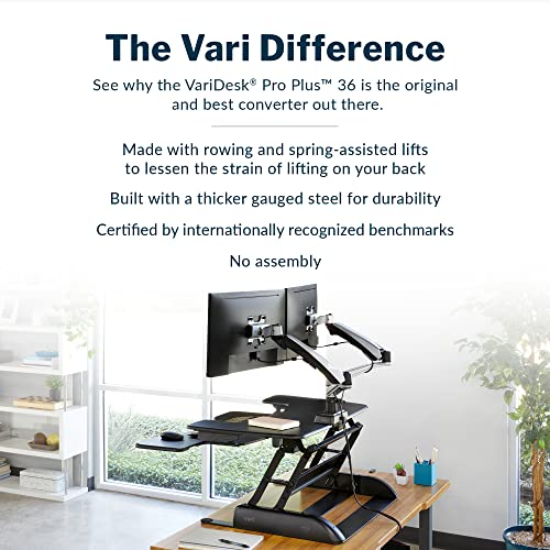 Vari VariDesk Pro Plus 36 - Adjustable Desk Converter with 11 Height Settings - Laptop Sit Stand Desk Riser for Home Office, Table Tops, Workspace - Fully Assembled with Spring Loaded Lift - Black - color: Black