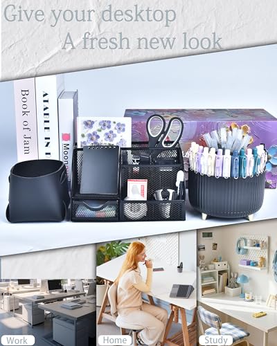 Black Desk Accessories and Organizers with Desk Organizer and 360°Rotating Pen Holder stapler Pen and a Lot of Office Black Office Supplies Beautifully Presented in a Gift Box - color: Black