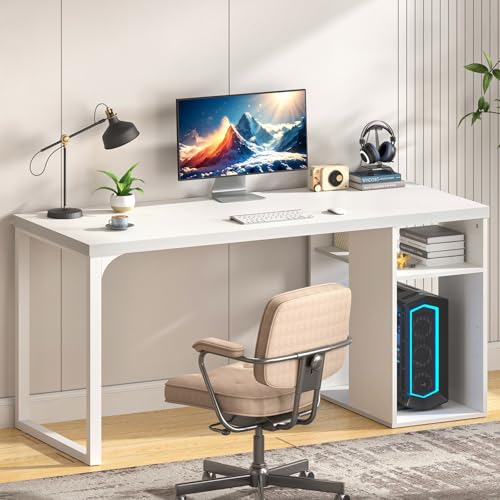 EXCEFUR White Computer Desk with Storage Shelves, Modern Home Office Desk, Reversible Wood and Metal Writing Study Table Workstations for Living Room Bedroom, 53 Inch - color: White
