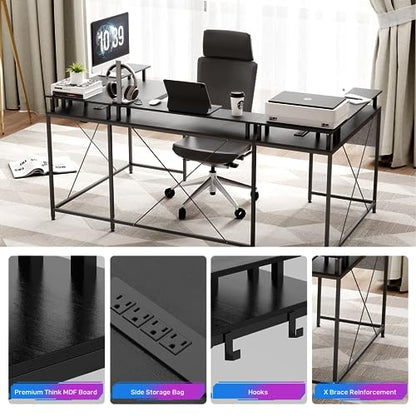 IDEALHOUSE U Shaped Home Office Desk, Reversible L Shaped Gaming Computer Desk with Power Outlets,126 Inch Computer Desk with Monitor Stand and LED Lights,Storage Shelves,Storage Bag and Hooks（Black） - color: Black