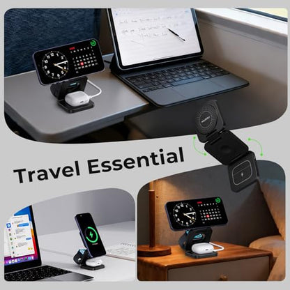 KU XIU X55 Turbo Qi 2.2 25W 3-in-1 Charging Station for Apple Device, Foldable Magnetic Charger for iPhone 17/16, 5W for Apple Watch & AirPods, Fast Travel Wireless Charging Stand with 45W Adapter - color: Black-B
